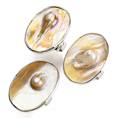 Freshwater Shell with Pearl Adjustable Finger Rings for Girl Women AJEW-Z010-03-1