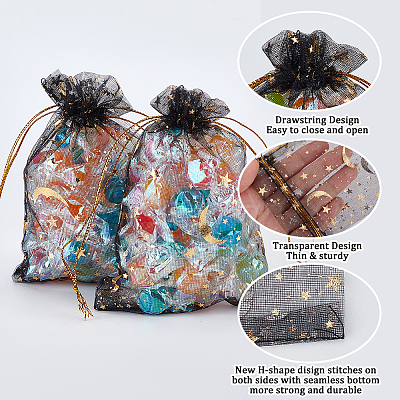 50Pcs Gold Stamping Moon & Star Organza Drawstring Gift Storage Bags OP-BBC0001-03A-02-1