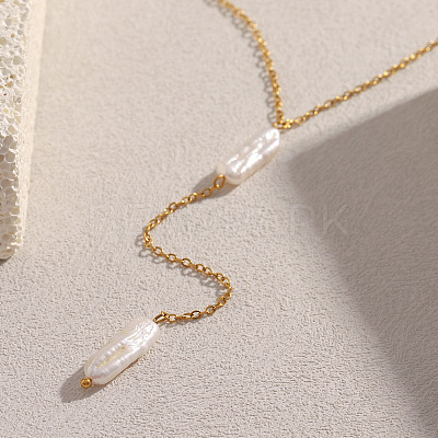 Natural Keshi Pearl Stick Pendant Stainless Steel Long Y Necklaces for Women SV1483-1
