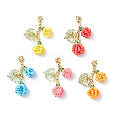 Glass Seed Beaded Berries & Leaf Pendants PALLOY-MZ01114-1