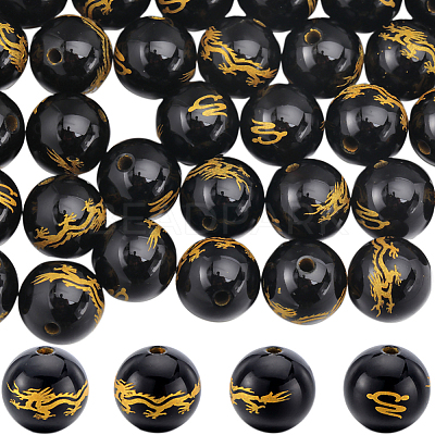 40Pcs Natural Black Onyx(Dyed & Heated) Carved Beads G-SC0002-90-1