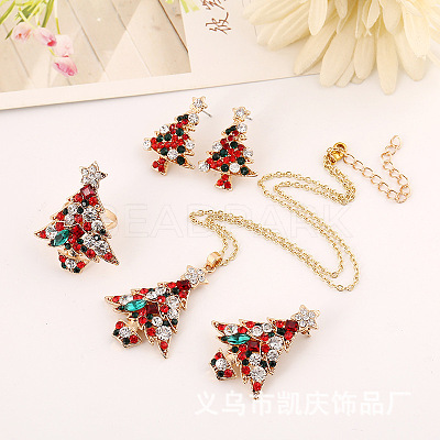 Christmas Tree Alloy Rhinestone Pendant Necklaces & Stud Earrings & Rings & Brooch Sets WG792CD-05-1