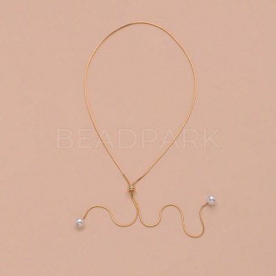 Alloy Snake Chain Slider Lariat Necklaces with Plastic Imitation Pearl Round Beads WG87CD3-01-1