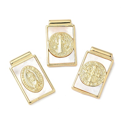Brass Pave Natural White Shell Religion Rectangle Pendants KK-Q068-32G-1
