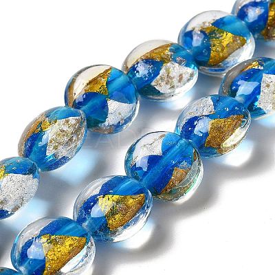 Handmade Gold Foil and Silver Foil Lampwork Flat Round Beads FOIL-C001-02F-1