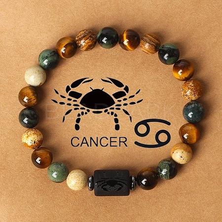 Twelve Constellations Natural Tiger Eye & Picture Jasper & Rhyolite Jasper Round & Column Beaded Stretch Bracelets for Women Men WG6FA5D-06-1