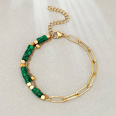 Bohemian Synthetic Malachite Heishi Beads Bracelets with 304 Stainless Steel Paperclip Chains WGD41F4-03-1