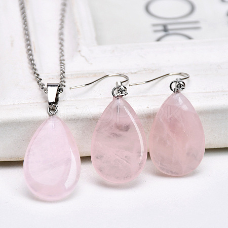Teardrop Natural Rose Quartz Pendant Necklaces & Dangle Earrings Sets FS-WGAC060-01-1