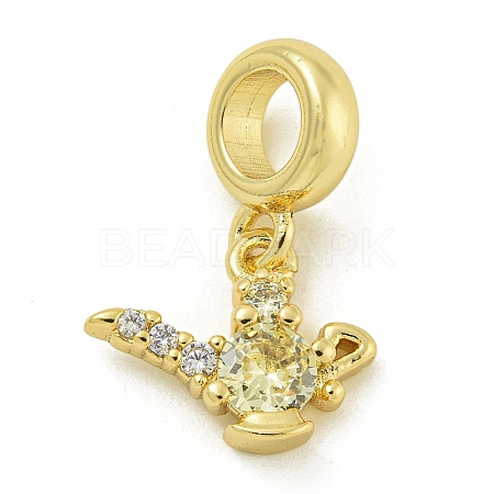 Rack Plating Brass Pave Clear & Light Yellow Cubic Zirconia Kettle European Dangle Charms KK-Z067-59G-1