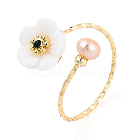 Natural Pearl with Shell Flower Open Cuff Ring RJEW-T026-03G-1