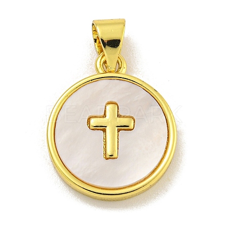 Rack Plating Brass Pave Nature Shell Cross Pendants KK-C074-34G-1