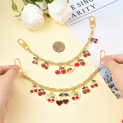 2Pcs 2 Styles Alloy Enamel Red Cherry Charm Brass Bag Decorative Chains HJEW-SC0002-63-1