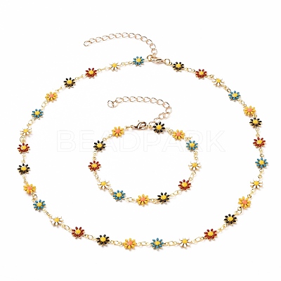 Daisy Link Chain Necklaces & Bracelets Jewelry Sets SJEW-JS01138-01-1