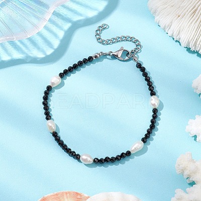 Natural Black Spinel &  Cultured Freshwater Pearl  Beads Beaded Bracelets for Woman BJEW-JB11268-1
