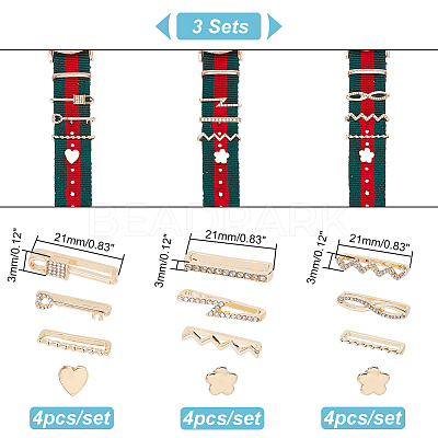 12Pcs 12 Style Wave & Flower & Heart & Lock & Key Alloy Rhinestones Watch Band Charms Set MOBA-PH0001-15-1