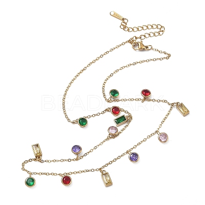304 Stainless Steel Pave Colorful Cubic Zirconia Flat Round Rectangle Pendant Bib Necklaces NJEW-C114-03G-1