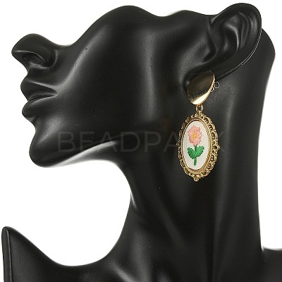 304 Stainless Steel & Cloth Embroidery Stud Dangle Earrings EJEW-JE07298-02-1