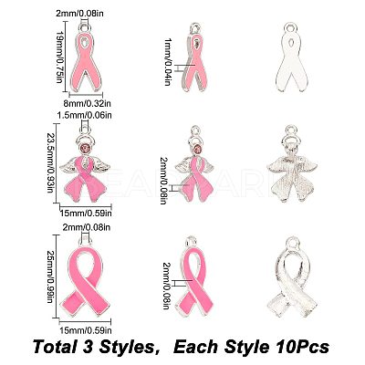 30Pcs 3 Style October Breast Cancer Pink Awareness Ribbon Alloy Enamel Pendants ENAM-SC0003-32-1