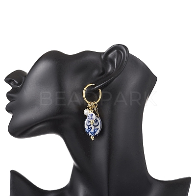 Oval with Flower Pattern 304 Stainless Steel Hoop Earrings EJEW-JE06737-01-1