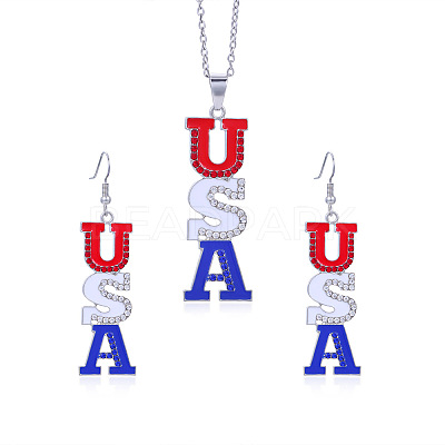 Independence Day Zinc Alloy Enamel & Rhinestone Pendant Necklaces & Dangle Earrings Sets FS-WG64DB3-13-1