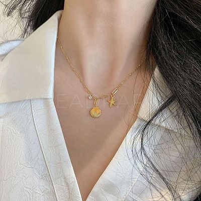 Shell Shape & Starfish 304 Stainless Steel Rhinestone Pendant Necklaces for Women NJEW-M107-02G-1