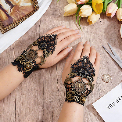 2Pcs Polyester Lace & Alloy & Resin Link Ring Bracelets BJEW-ME0001-25-1