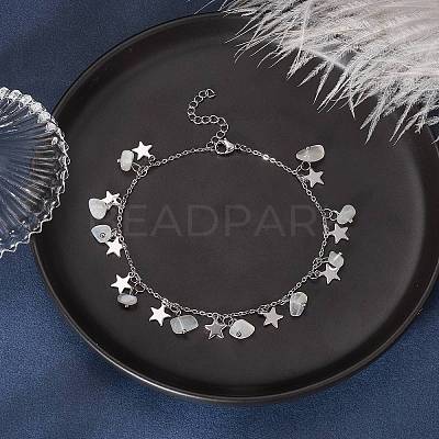 Natural White Moonstone Chips & Star Charms Anklet AJEW-AN00512-02-1