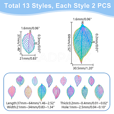 26Pcs 13 Styles Ion Plating(IP) 201 Stainless Steel Filigree Pendants STAS-GA0001-67-1