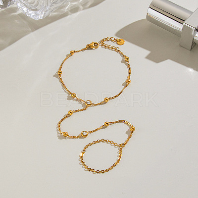 304 Stainless Steel Pave Clear Cubic Zirconia Flat Round Hand Chain Finger Ring Bracelets for Women OK9358-1