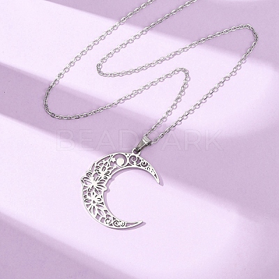304 Stainless Steel Hollow Flower Moon Pendant Cable Chain Necklaces for Men Women NJEW-K308-01A-P-1