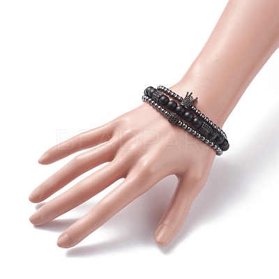 3Pcs 3 Style Round Synthetic Black Stone & Hematite Beaded Stretch Bracelets Set BJEW-JB07688-02-1