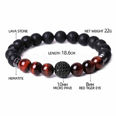 Dyed & Heated Natural Red Tiger Eye & Lava Rock & Cubic Zirconia Round Beads Stretch Bracelets for Men Women Round Beads Stretch Bracelets for Men Women FF8165-10-1