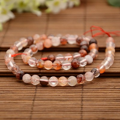 Natural Hematoid Quartz/Fire Quartz Round Beads Strands G-N0078-6mm-06-1