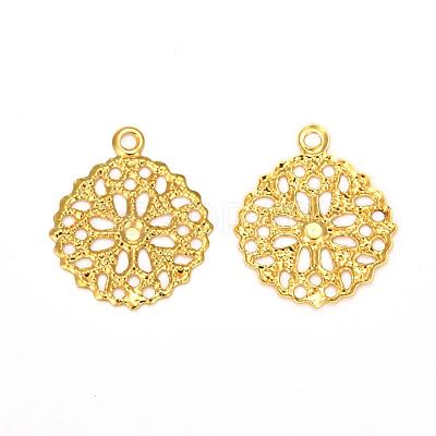 Flat Round Brass Flower Filigree Findings Charms Pendants X-KK-O015-05G-1