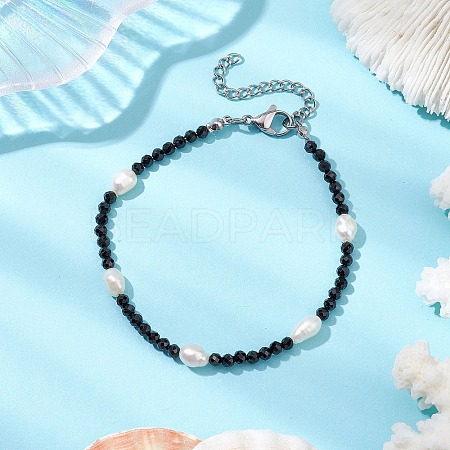 Natural Black Spinel &  Cultured Freshwater Pearl  Beads Beaded Bracelets for Woman BJEW-JB11268-1