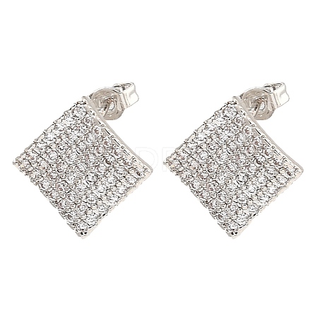 Brass Micro Pave Clear Cubic Zirconia Rhombus Stud Earrings for Women EJEW-G362-09P-1