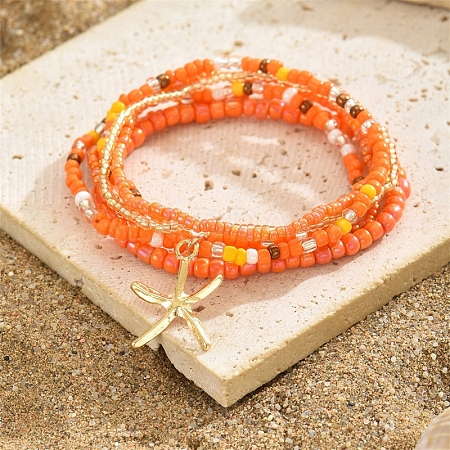 Multilayer Glass Seed Beads Starfish Pendant Anklet for Women PW-WG7288D-03-1