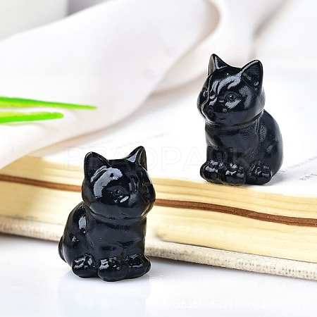 Natural Obsidian Carved Healing Cat Figurines PW-WG98432-03-1