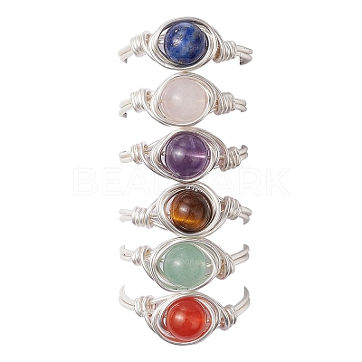 Round Natural Amethyst/Green Aventurine/Carnelian/Rose Quartz/Tiger Eye/Lapis Lazuli Braided Finger Ring RJEW-JR00743-01-1