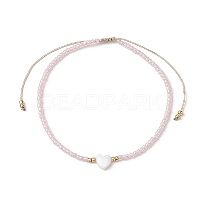 Heart Natural Shell & Glass Seed Braided Bead Bracelets BJEW-JB09922-01-1
