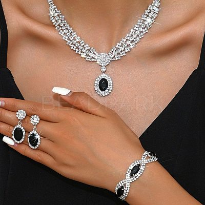 Oval & Horse Eye Brass Rhinestone Necklaces & Bracelets & Earring Sets FS-WG182CE-03-1