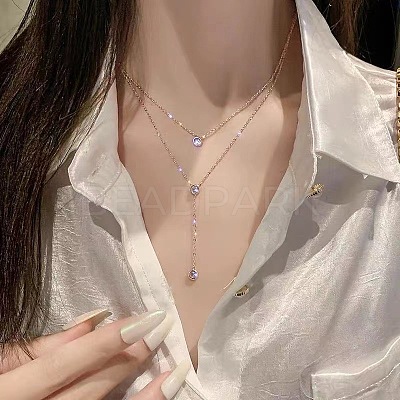 Flat Round 304 Stainless Steel Micro Pave Clear Cubic Zirconia Pendant Double Layer Y Necklaces for Women FS-WG7B3FB-01-1