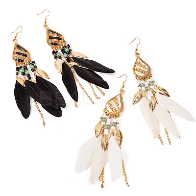2 Pairs 2 Colors Bohemian Alloy Feather Dangle Earrings EJEW-TA0001-78A-1