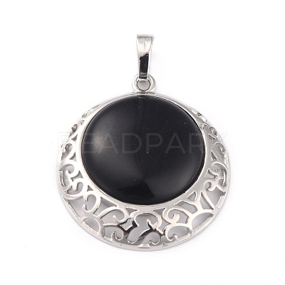 Natural Obsidian Pendants with Hollow Platinum Brass Findings G-P448-A12-P-1