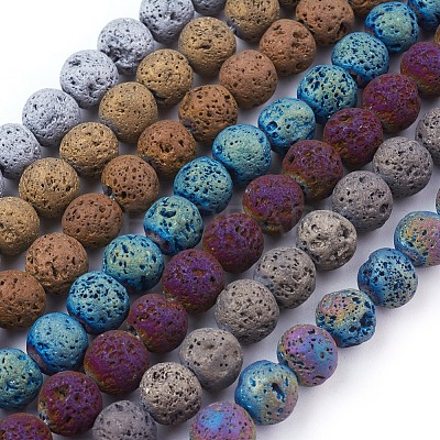 PVD Vacuum Plating Electroplated Natural Lava Rock Bead Strands G-E432-10mm-01-1