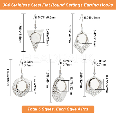 20Pcs 5 Style Hexagon & Teardrop & Flat Round & Polygon 304 Stainless Steel Dangle Earring Settings FIND-BBC0002-50-1