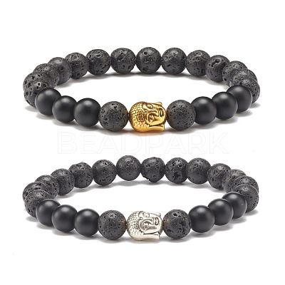 2Pcs 2 Color Natural Lava Rock & Synthetic Black Stone Stretch Bracelets Set with Buddha Head BJEW-JB07707-1
