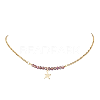 Electroplate Glass Faceted Rondelle Beaded Alloy Pendant 304 Stainless Steel Curb Chain Necklaces for Women NJEW-JN05764-04-1