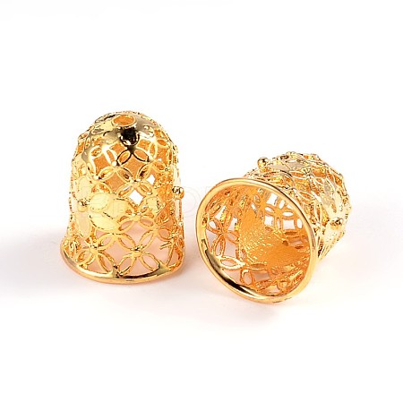 Hollow Bell with Flower Brass Cord Ends KK-M168-01G-1