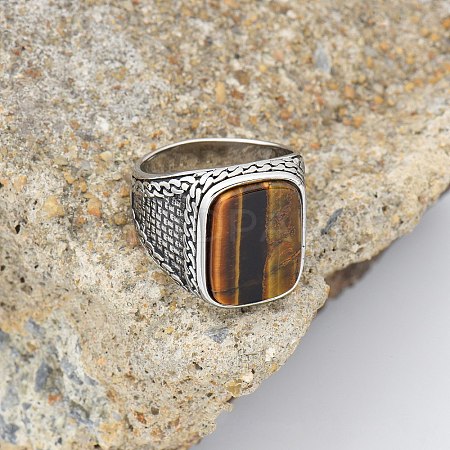 304 Stainless Steel with Natural Tiger Eye Finger Rings FS-WG67565-39-1